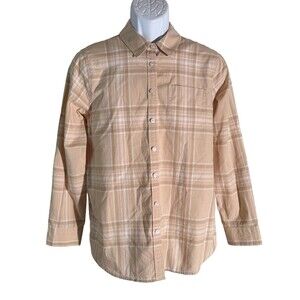 LANDS END Women's Long Sleeve Button Down Plaid Shirt Brown White Medium